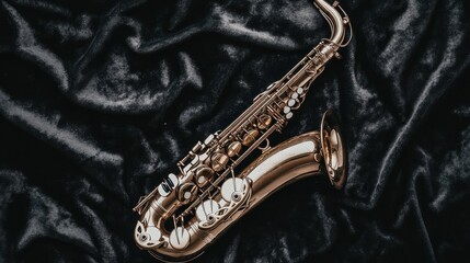 Obraz premium A saxophone resting on a black velvet surface, reflecting golden light
