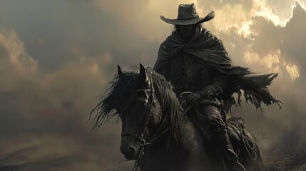 Fototapeta premium Mysterious cowboy riding a black horse under dark, stormy skies during a dramatic twilight
