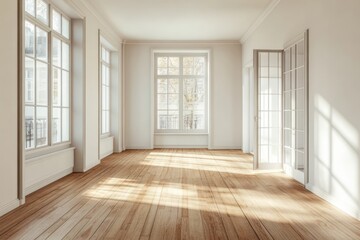 Obraz premium Sunny empty room, hardwood floor, French windows, city view, apartment rental