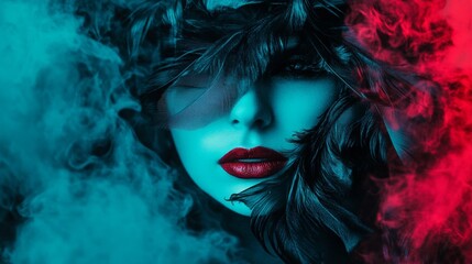 Fototapeta premium Portrait of a woman in dramatic red and blue lighting with smoky effects