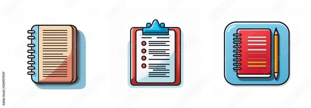 Poster three icons illustrate note-taking and organization: a spiral notebook, a clipboard with checklist, 