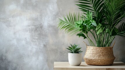 Modern interior decor with green potted plants on a textured wall