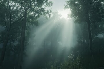 Fototapeta premium Ethereal Sunlight Shining Through Mist in Enchanted Forest Scene