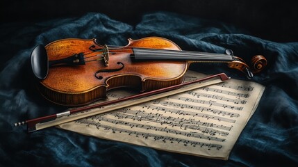Naklejka premium A violin with a bow placed beside it on a sheet of classical music, softly lit on a dark background