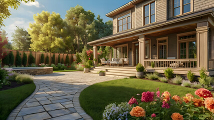 Obraz premium garden in the park, house in the park, house in the garden, view on a sunny summer day, new luxury home exudes elegance with its lush backyard, vibrant flowers