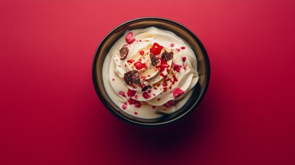 Creamy dessert topped with pomegranate seeds on a vibrant red background