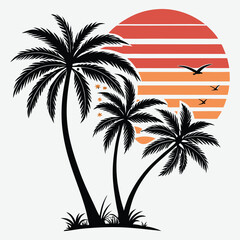 Silhouette of three palm trees with a layered retro sun in stripes design vector  art with illustration