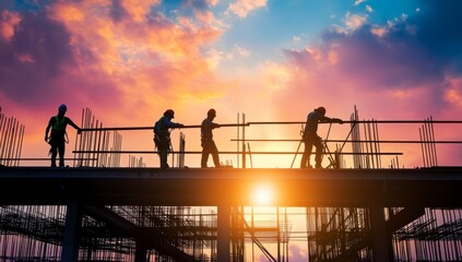 Sunset Construction Workers Skyline Teamwork Progress