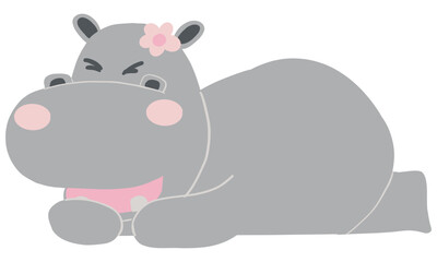 Cartoon hippo with a flower, appearing playful and cute.