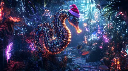 A fantasy seahorse with intricate patterns on its skin, donning a festive Santa hat in a frosty underwater forest of neon-lit seaweed and holographic fish, surrealism
