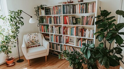 Cozy reading corner with a bookshelf surrounded by plants in a serene indoor space
