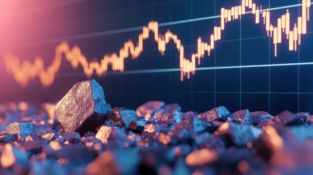 A digital graph showing rising trends is juxtaposed with dark stones, symbolizing the connection between mining and financial markets.