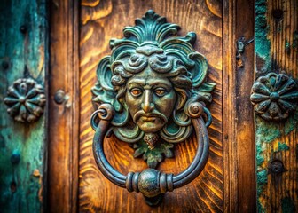 Mysterious Antique Door Knocker in Low Light, Grungy Texture, Vintage Metalwork