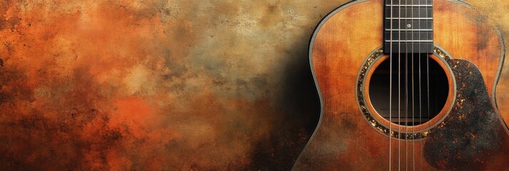 Obraz premium Beautiful acoustic guitar with a textured background inspired by warm autumn colors. Generative AI