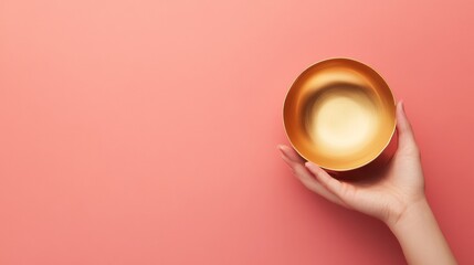 Minimalist hand holding a golden bowl against a pastel background