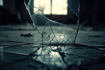 Cracked mirror reflects an empty room revealing desolation and neglect in dim light. Generative AI