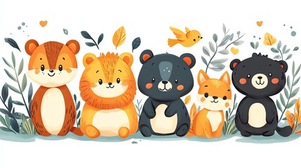 Fototapeta premium Cute cartoon animals including a squirrel, lion, bear, fox, and black bear surrounded by foliage and hearts