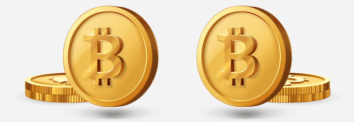 Two vector illustrations of golden coins with a Bitcoin symbol on a white background