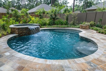 Beautiful backyard oasis with crystal clear pool and cascading waterfall surrounded by lush greenery. Generative AI