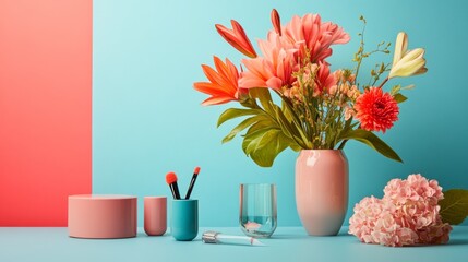 Colorful flower arrangement in vases with stationery on a pastel background
