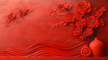 Red floral wave pattern wall art; Chinese style background for celebration