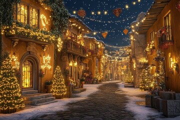 Obraz premium Enchanting Winter Street with Christmas Lights and Festive Decor