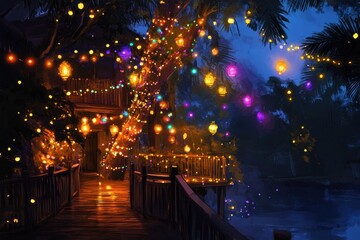 Fototapeta premium Enchanting Night Scene with Colorful Lights and Serene Atmosphere