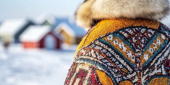 Native alaskan wearing traditional kuspuk with colorful beadwork in nome, alaska