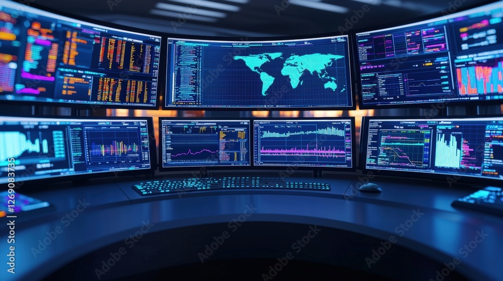 Poster a high-tech control room featuring multiple screens displaying data, charts, and a world map, highli