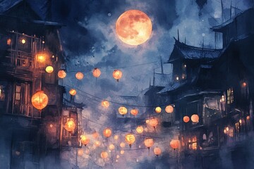Obraz premium Ethereal Night Scene with Lanterns and Full Moon in Countryside