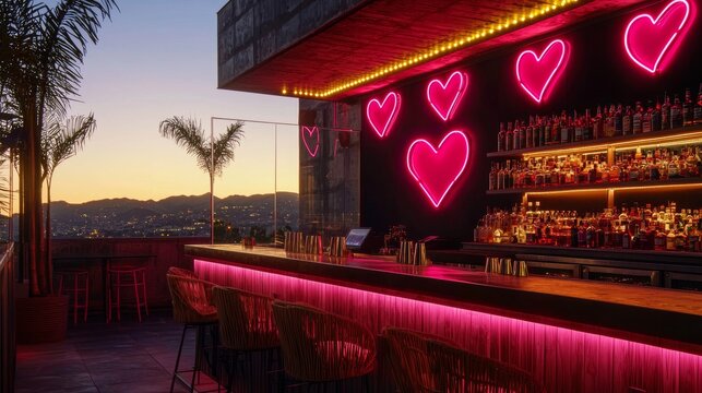 Trendy rooftop bar with neon pink and red heart lights, cocktails glowing in the warm radiance under a clear night sky