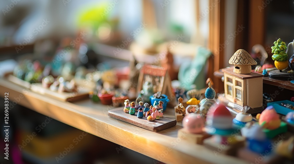 Wall mural Miniature figurines displayed creatively in a colorful diorama setting