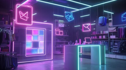 Unique neon setup with retro signs and holographic effects, encouraging customers to tag your store for visibility