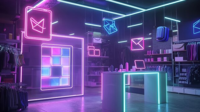 Unique neon setup with retro signs and holographic effects, encouraging customers to tag your store for visibility