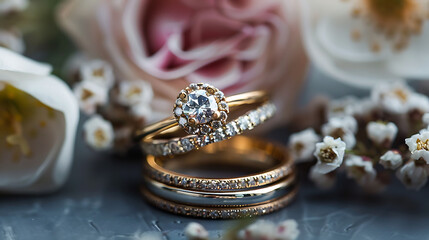 Naklejka premium Gorgeous rings for wedding jewelry on a gray backdrop