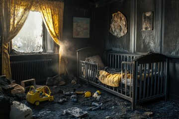 Tragic aftermath of fire in a child's bedroom reveals melted toys and charred furniture. Generative AI