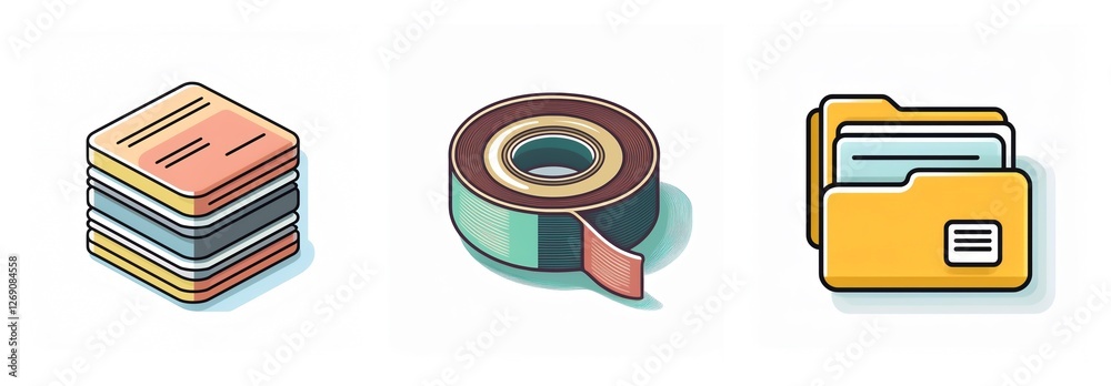 Poster isometric icons depict office essentials: a stack of papers, a roll of tape, and a file folder, repr