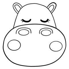 Outline coloring , Cute cartoon hippo face with closed eyes and round nose.