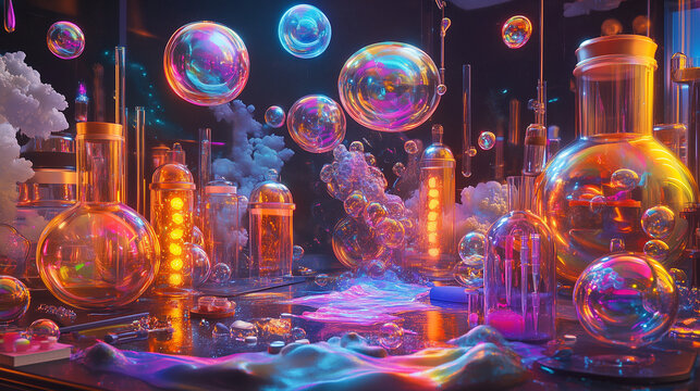 Surreal lab where scientists extract and analyze colorful dream bubbles, floating thought experiments