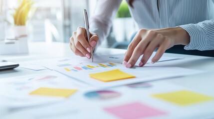 Businesswoman Analyzing Data: Close-up shot of a businesswoman's hands meticulously reviewing financial charts and graphs, using a pen and sticky notes for annotations.