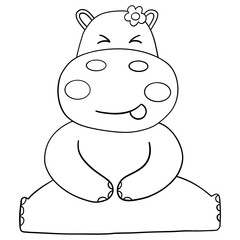 Outline coloring , Cute cartoon hippo with a flower, smiling joyfully.