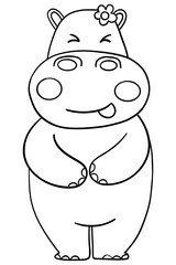 Outline coloring , Cute cartoon hippo with a flower, smiling and playful.