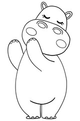 Outline coloring , Cute cartoon hippo with closed eyes and raised arms.