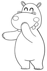 Outline coloring , Cute cartoon hippo waving with a happy expression.