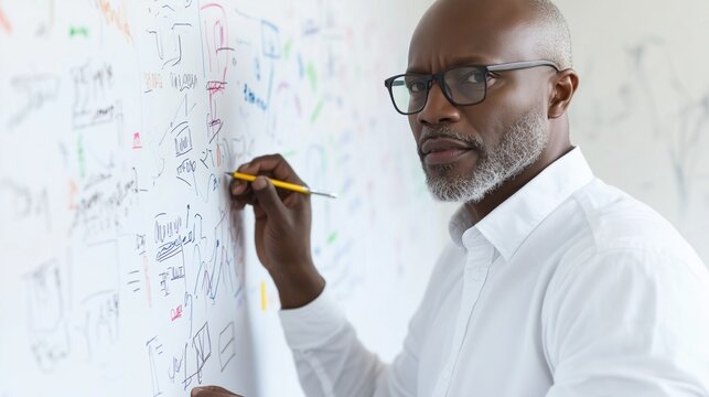 Strategic Planning Session: A focused, mature businessman with glasses intently strategizes, writing equations and diagrams on a whiteboard, showcasing his expertise and concentration.