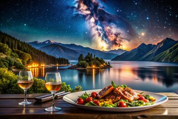 New Zealand Marlborough Sounds Night Fjord City Lights Starry Sky Mountain Landscape Stock Photo