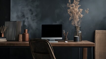 Minimalist workspace with dark tones and natural decor