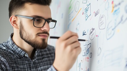 Focused Designer: A young man with a beard and glasses intently sketches diagrams and ideas on a whiteboard, showcasing creativity and problem-solving in action.