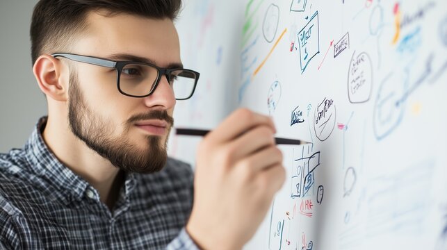 Focused Designer: A young man with a beard and glasses intently sketches diagrams and ideas on a whiteboard, showcasing creativity and problem-solving in action.