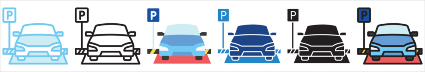 Car Park multi style, mini illustration icon. outline, flat, glyph, line color, UI, UX, app and web, digital or print. For education, construction, transportation, environment, urban planning.